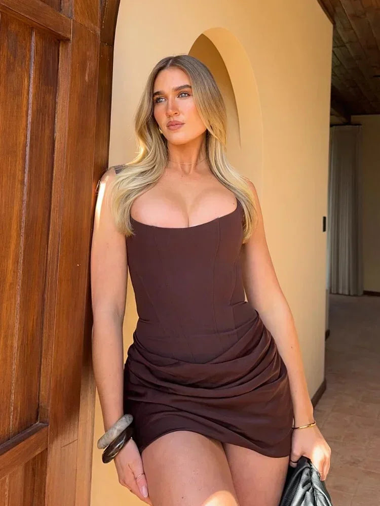Sexy Square-neck Halter Women Mini Dress Pleated Backless High Waist Sleeveless Bodycon Dress 2025 New Summer Ladies Party Robes