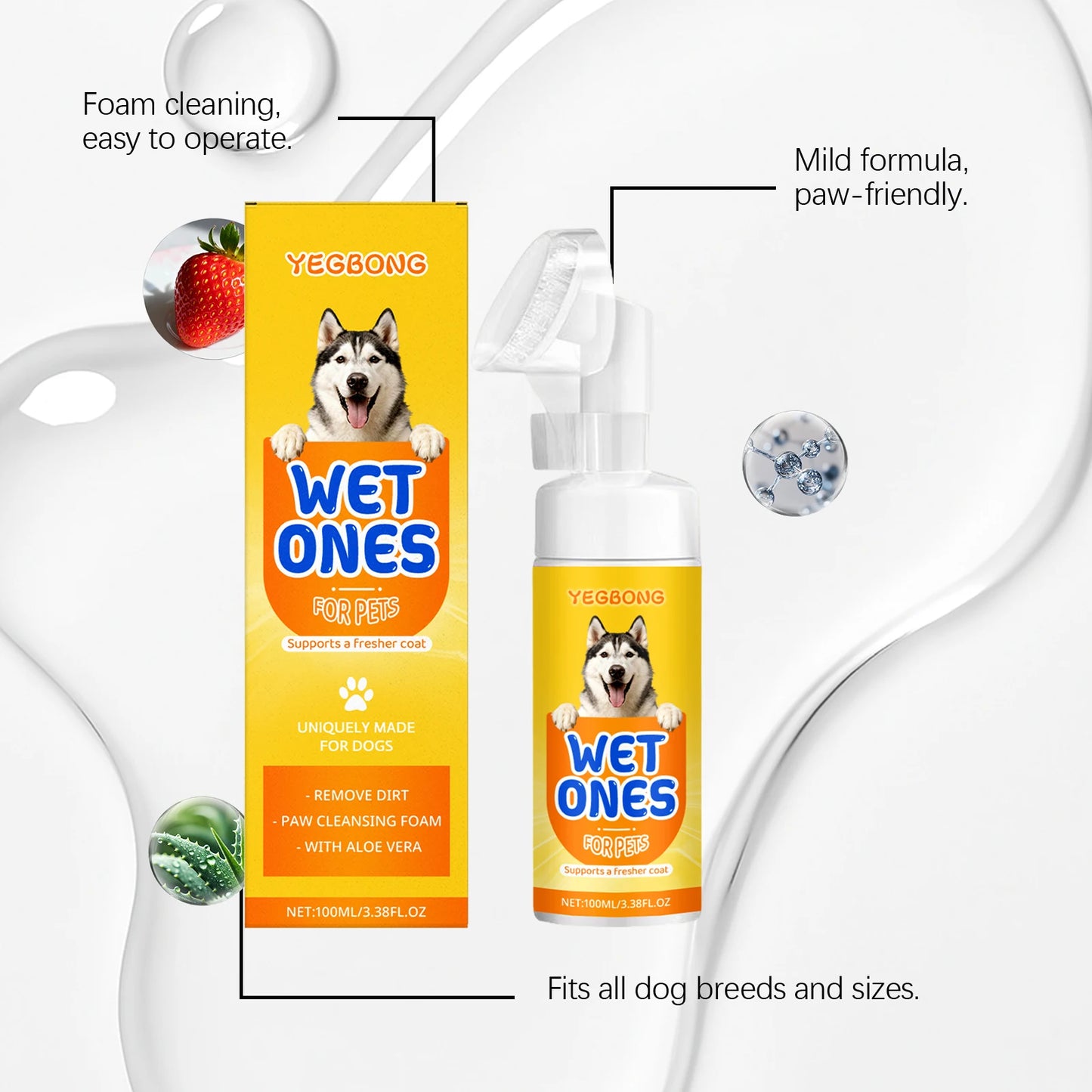 Yegbong Pet Paw Cleansing Foam with Brush Head No Rinse Paw Care Decontamination Pet Grooming Foam Repair Cleaning Skin 100ml